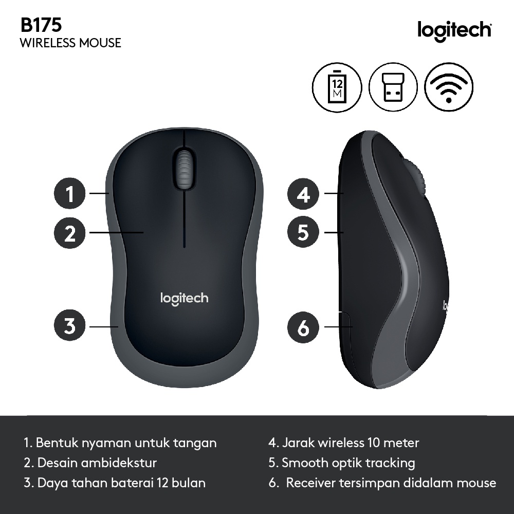 Logitech B175 Mouse Wireless untuk Windows, Mac, Linux dan ChromeOS