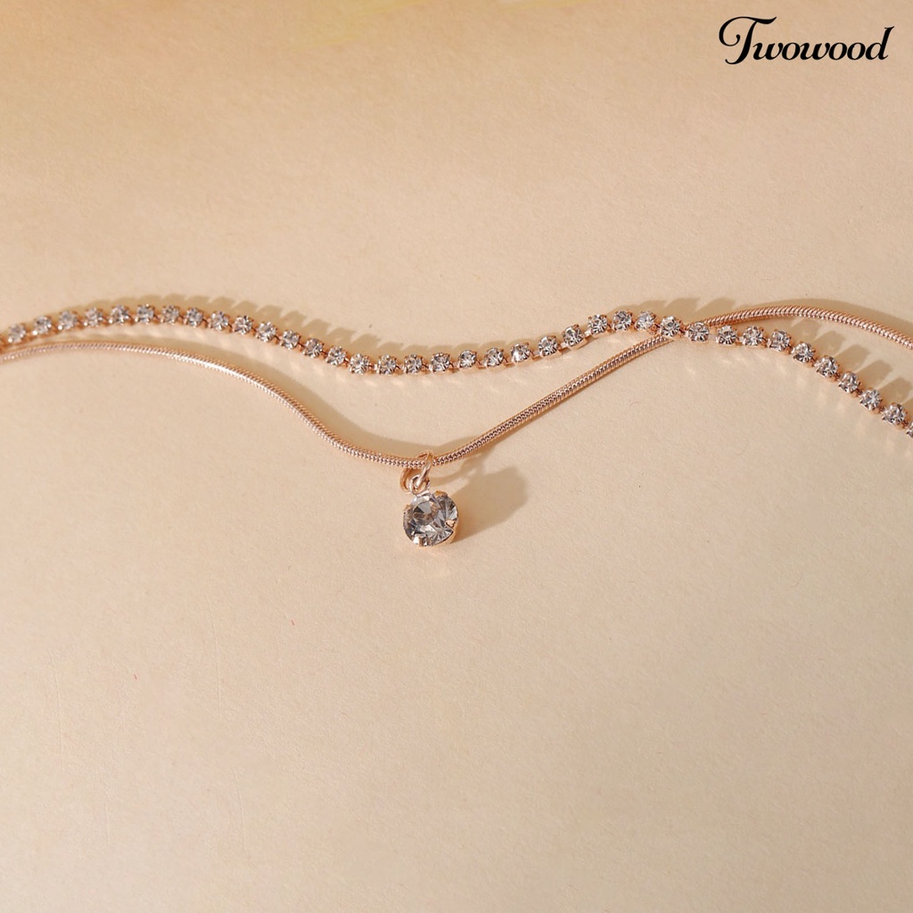 Twowood Double Layered Rhinestone Pendant Women Anklet Alloy Full Rhinestone Snake Chain Beach Anklet Foot Jewelry