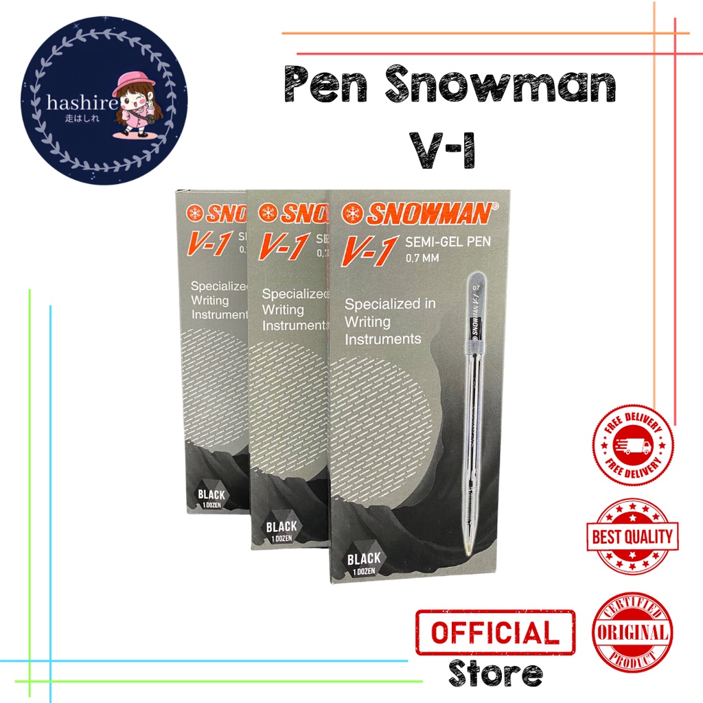 12pc Pulpen Snowman V1 Semi Gel Pen Hitam 0.7mm -HITAM