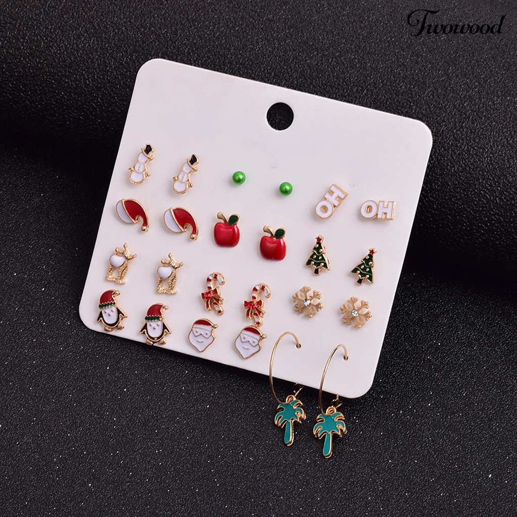 12 Pasang Anting Stud Desain Topi Santa Claus Snowflake Pohon Natal Snowman Untuk Wanita