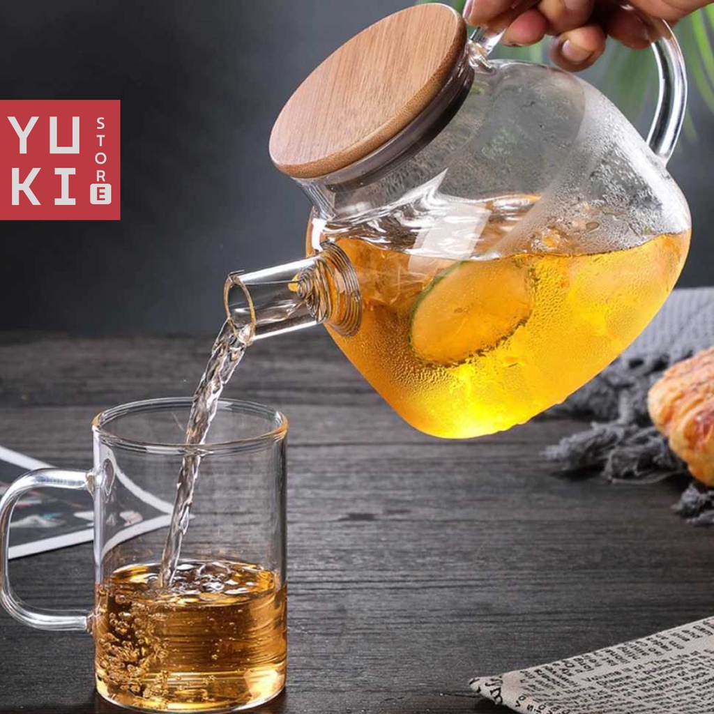 YUKI Teko Teh kaca Kopi Tahan Panas Tutup Kayu ~ Teko Aesthetic ~ Teko jepang ~ Infused Water