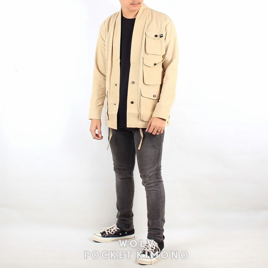 WOLV ORIGINAL KIMONO KEMEJA POCKET Pakaian pria canvas kemeja kimono warna CREAM seri art KMS304