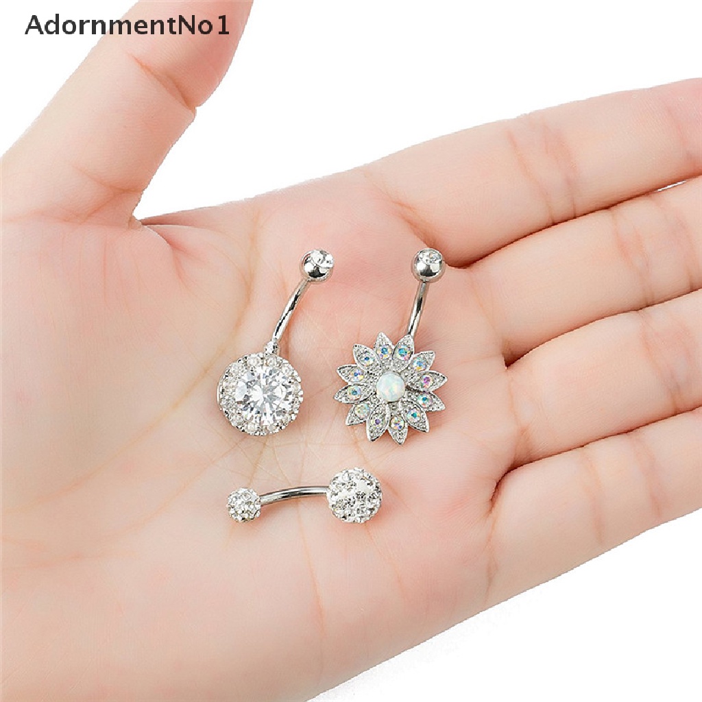 (AdornmentNo1) 3pcs / Set Cincin Tindik Pusar Bahan Stainless Steel Hias Kristal Opal Untuk Wanita