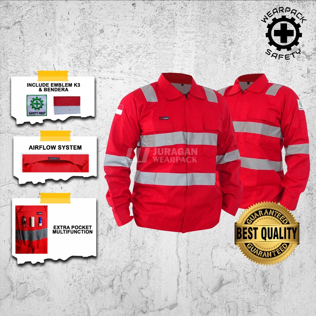 Wearpack Kerja Safety / Kemeja Safety Lengan Panjang Warna Merah