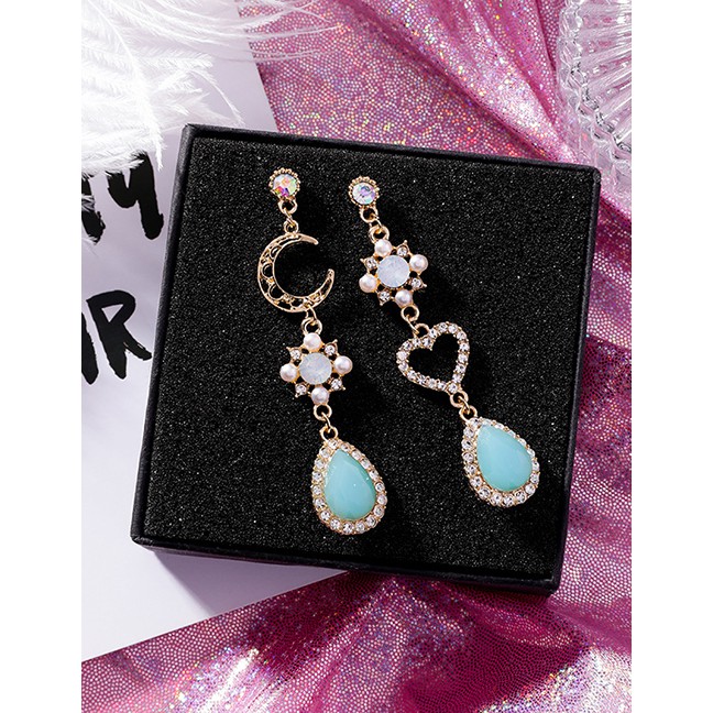 LRC Anting Tusuk Fashion Gold 925 Silver Needle Opal Moon Love Drops Asymmetric Stud Earrings F48223