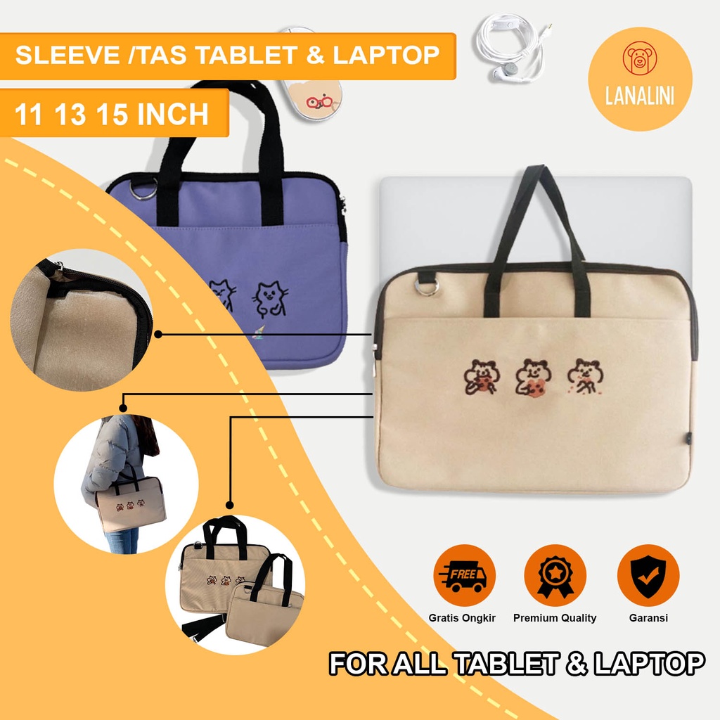 Sleeve Pouch Sarung Tas Bag Case Ipad Tab Tablet Macbook Air Pro Laptop Asus Acer Lenovo HP Huawei 11 12 13 14 15 inch Motif Gambar Kartun Bear Cat Warna Coklat Khaki Purple Ungu Cute Murah Korean Model Jinjing Tali Strap Selempang