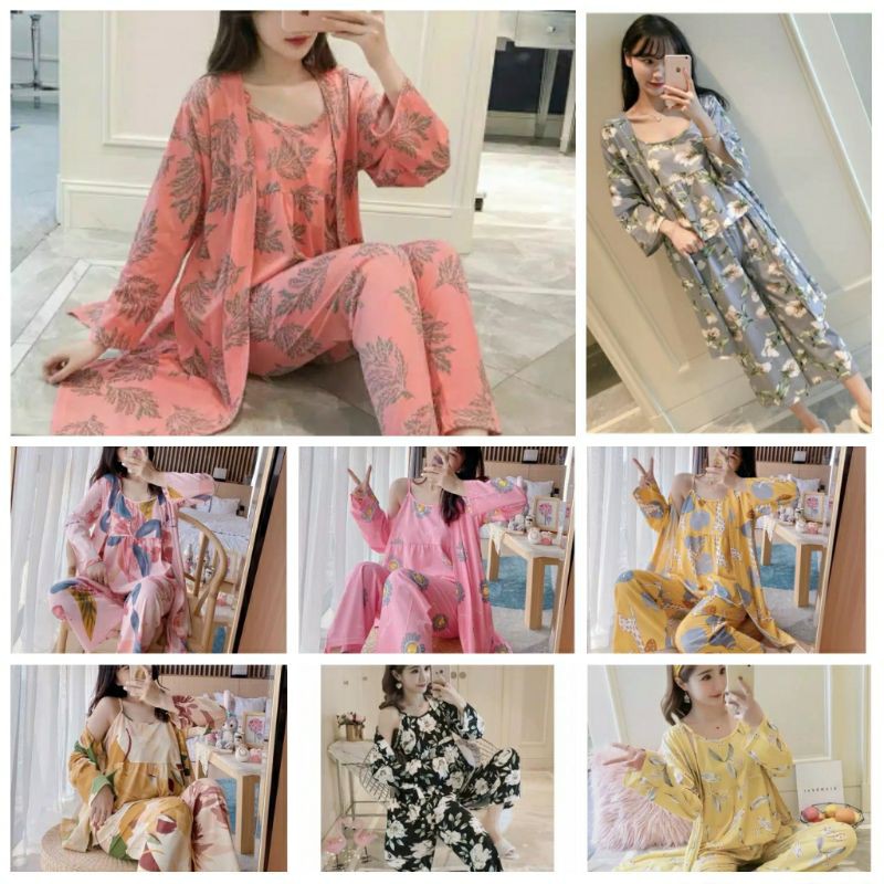 KZ_Stelan kimono 3in1 pp import / set baju tidur kimono 3in1 pp kekinian / Stelan kimono pp terbaru