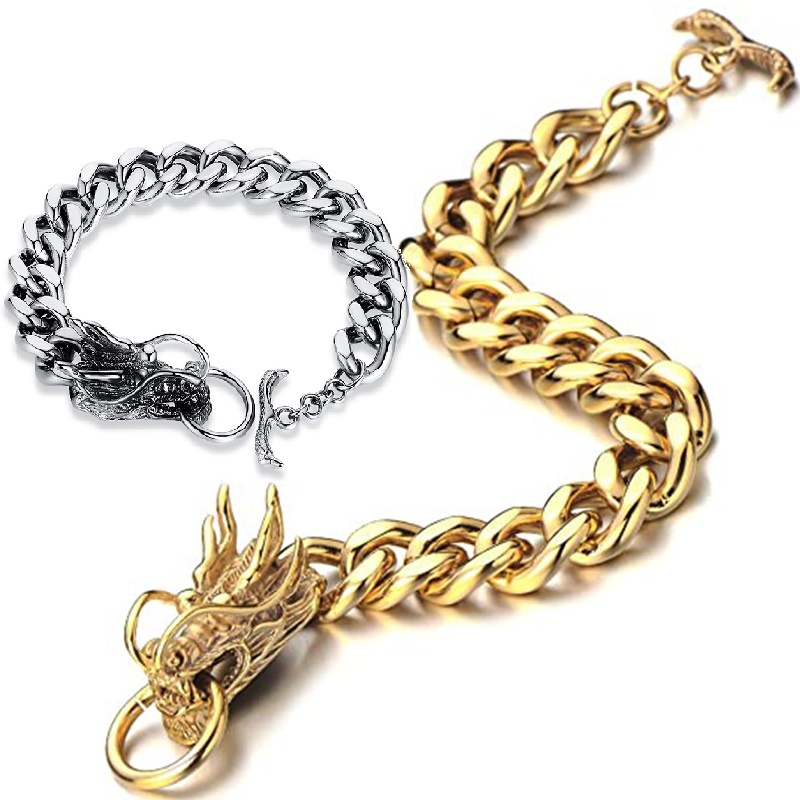 [Z H Perhiasan] Hip Hop Rock Retro Pria Fashion 18 K Stainless Steel Naga Gelang Pesta Perhiasan Aksesoris 19 Cm~21 cm