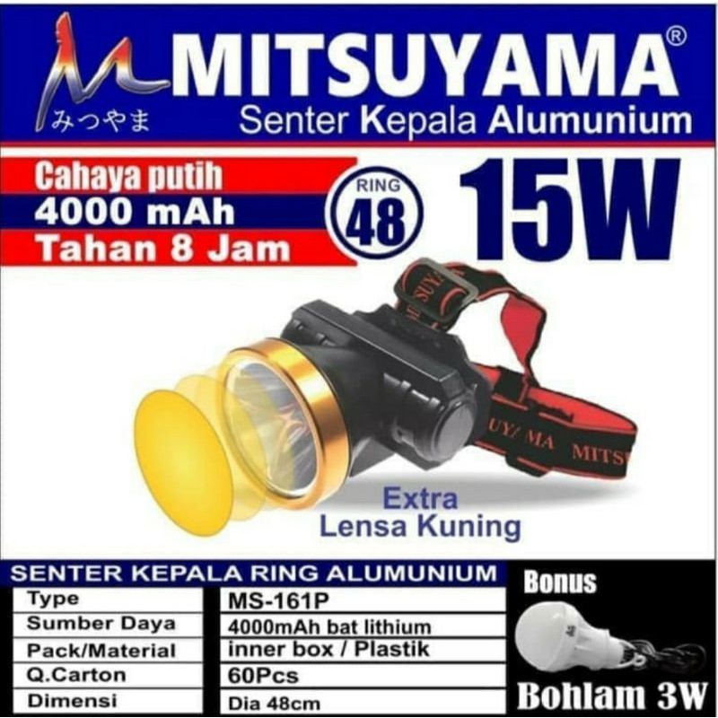 Senter Kepala Mitsuyama MS - 161P Cahaya Putih / Head Lamp Rechargeable Super Terang