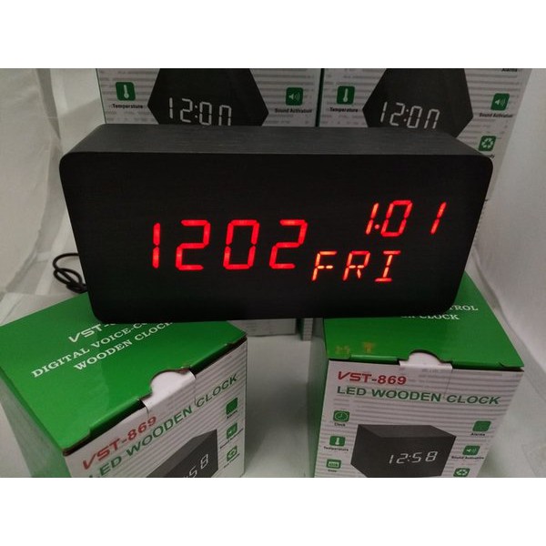 Jam Meja Digital Led Weker Digital Wood Alarm Clock 010 black red