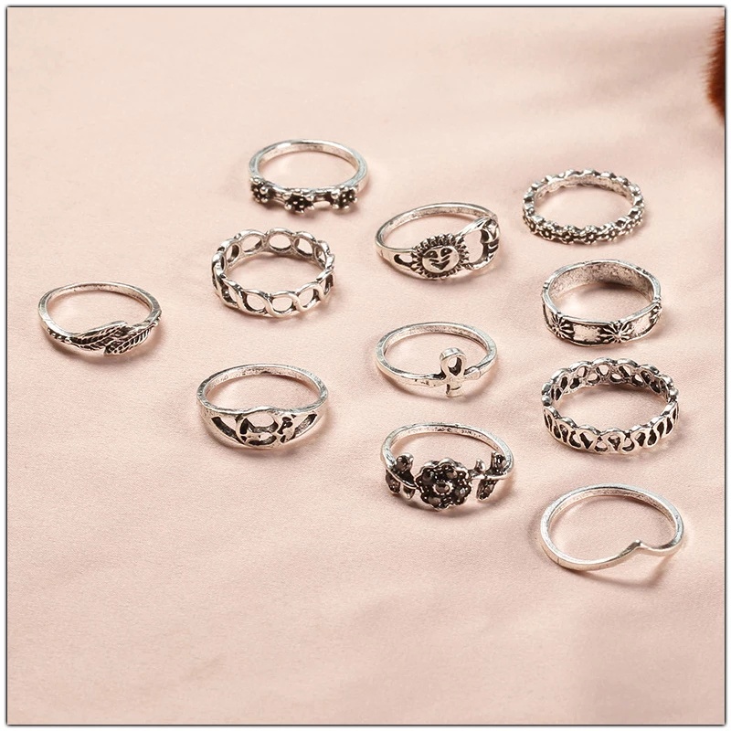 [11Pcs Set Fashion Vintage Simple Geometric Sun Moon Flower Leaf Rings For Women] [ Elegant Ladies Smooth Fine Thin Finger Ring] [Lovely Jewelry Gifts For Girl Friends]