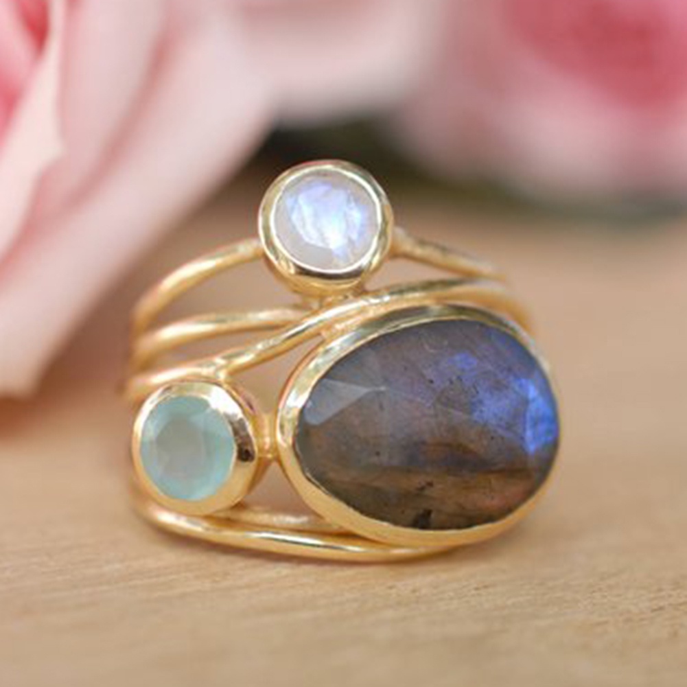 Hu Hu Hu Hu Hu Alat Bantu Pasang Kacamata♡ Cincin Multilayer Aksen Batu Moonstone Imitasi Gaya Vintage Untuk Wanita