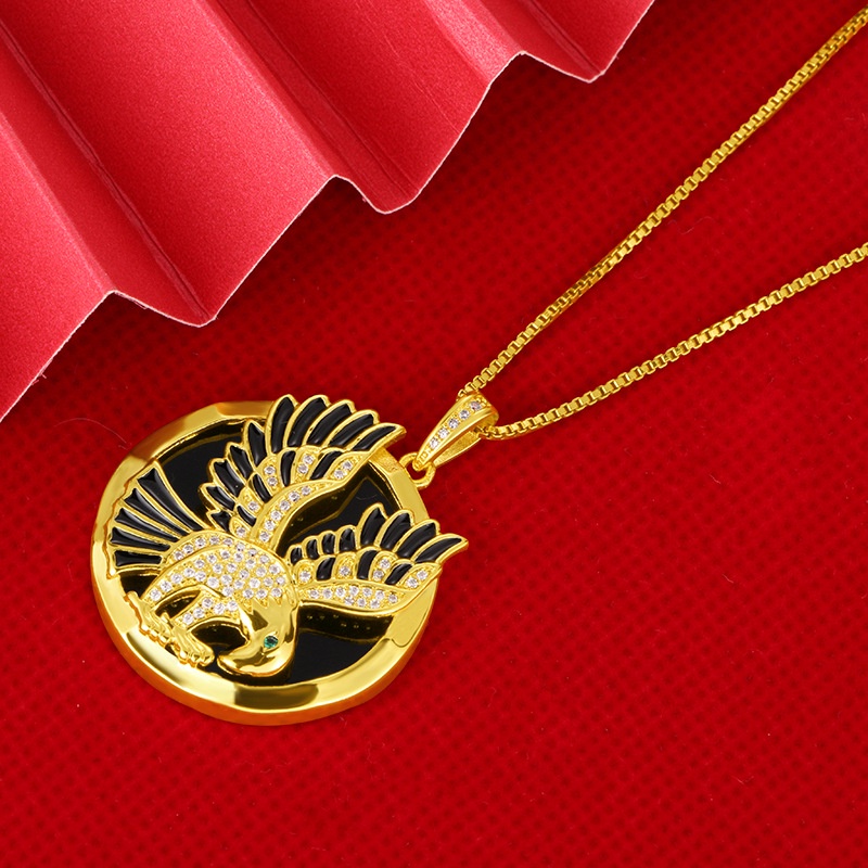 Liontin Lapis Emas Asli Kadar 375 Desain Elang Hias Berlian Gaya Retro Untuk Pria Dan Wanita