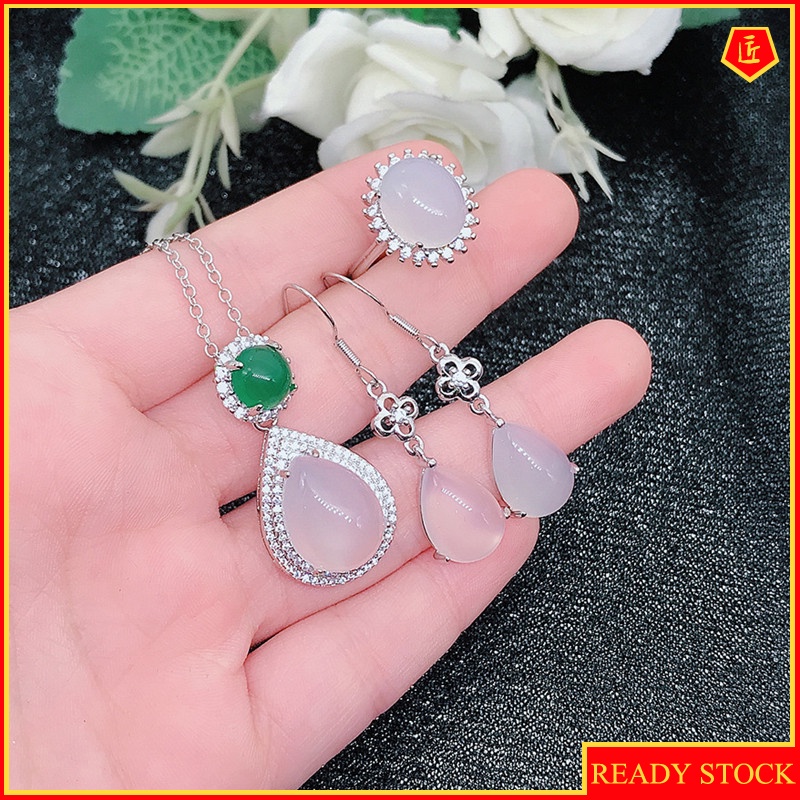 [Ready Stock]Inlaid Natural White Chalcedony Necklace Earrings Open Ring