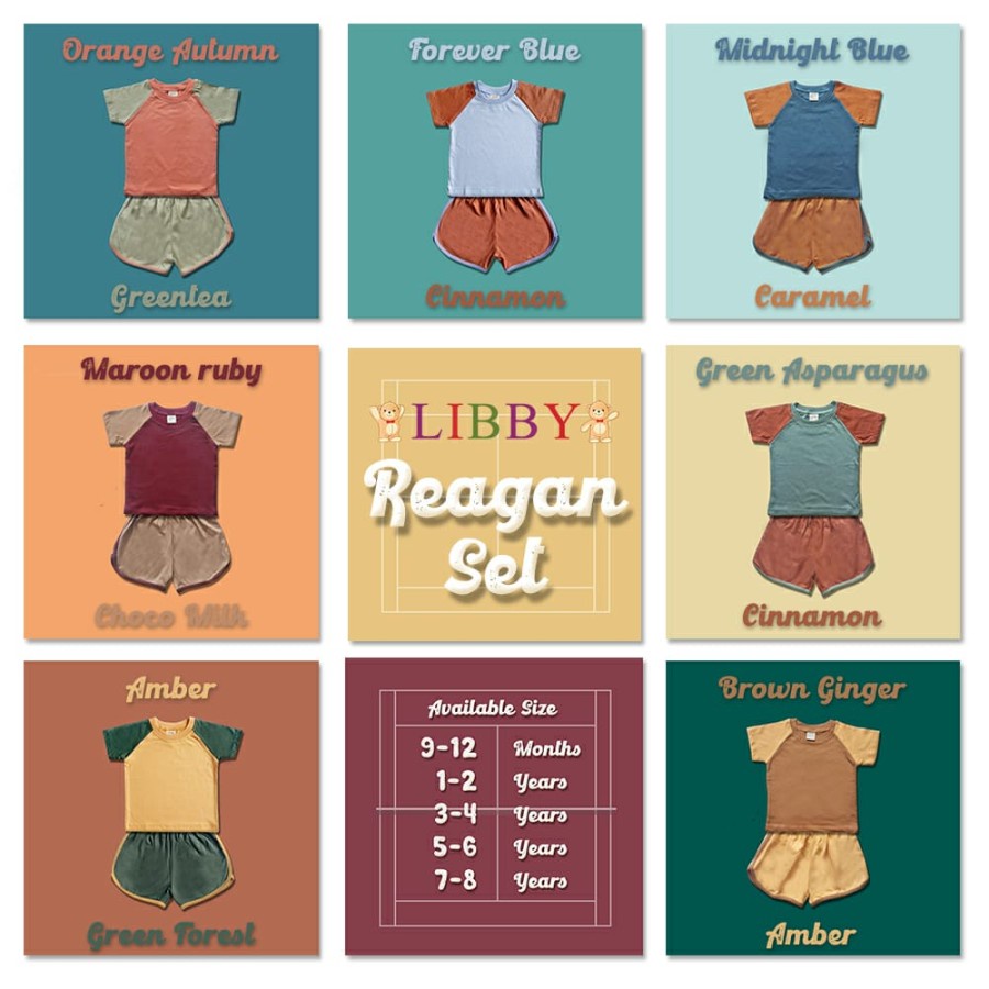 Libby REAGAN SET Earth Series / Setelan Baju Pendek Bayi Celana Pendek Warna 9m-8y