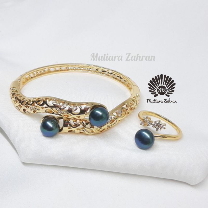 Gelang dan Cincin Mutiara Air Tawar Original Lombok Hitam