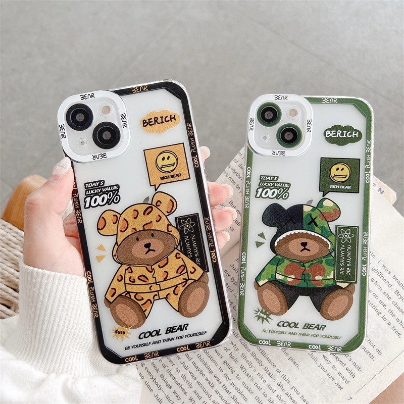 Case Pelindung Lensa Tahan Jatuh Motif Leopard Beruang Hijau Untuk iPhone 11 12 13 Pro MAX X XR XSMAX 7 8 Plus