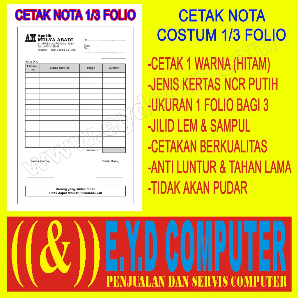 

CETAK NOTA 1 PLY 1 FOLIO BAGI 3 KERTAS NCR COSTUM ISI TANPA RANGKAP CEK BON KWITANSI SURAT JALAN