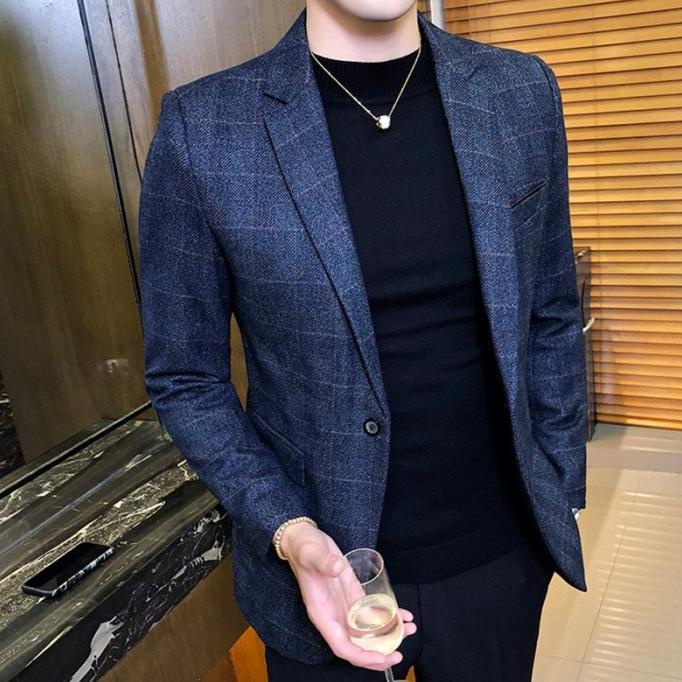 Jas Blazer Pria Korea Casual Eksklusif Vintage Plaid Blazer British