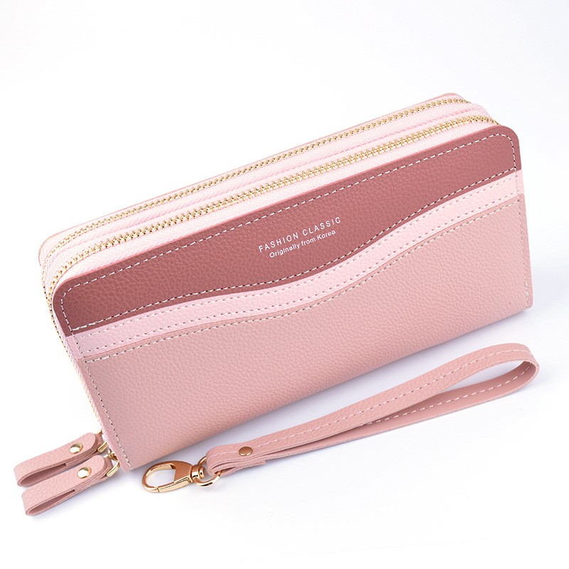 DOMPET WANITA 2 RESLETING LASSA WA122P3 KULIT PREMIUM PINK PESTA PANJANG IMPORT KOREA MURAH TALI ABG