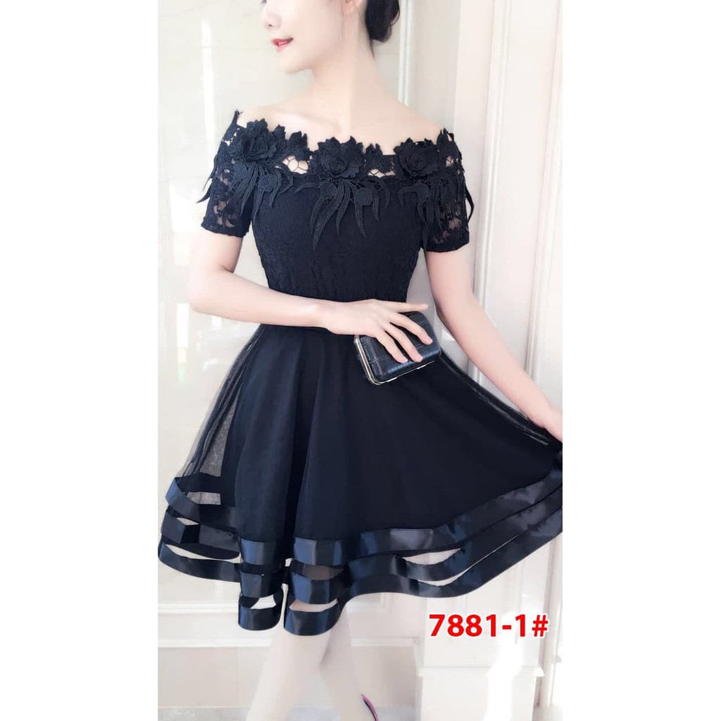 dress impor 7881-1 hitam/fashion dress brukat sabrina/casual dress cew