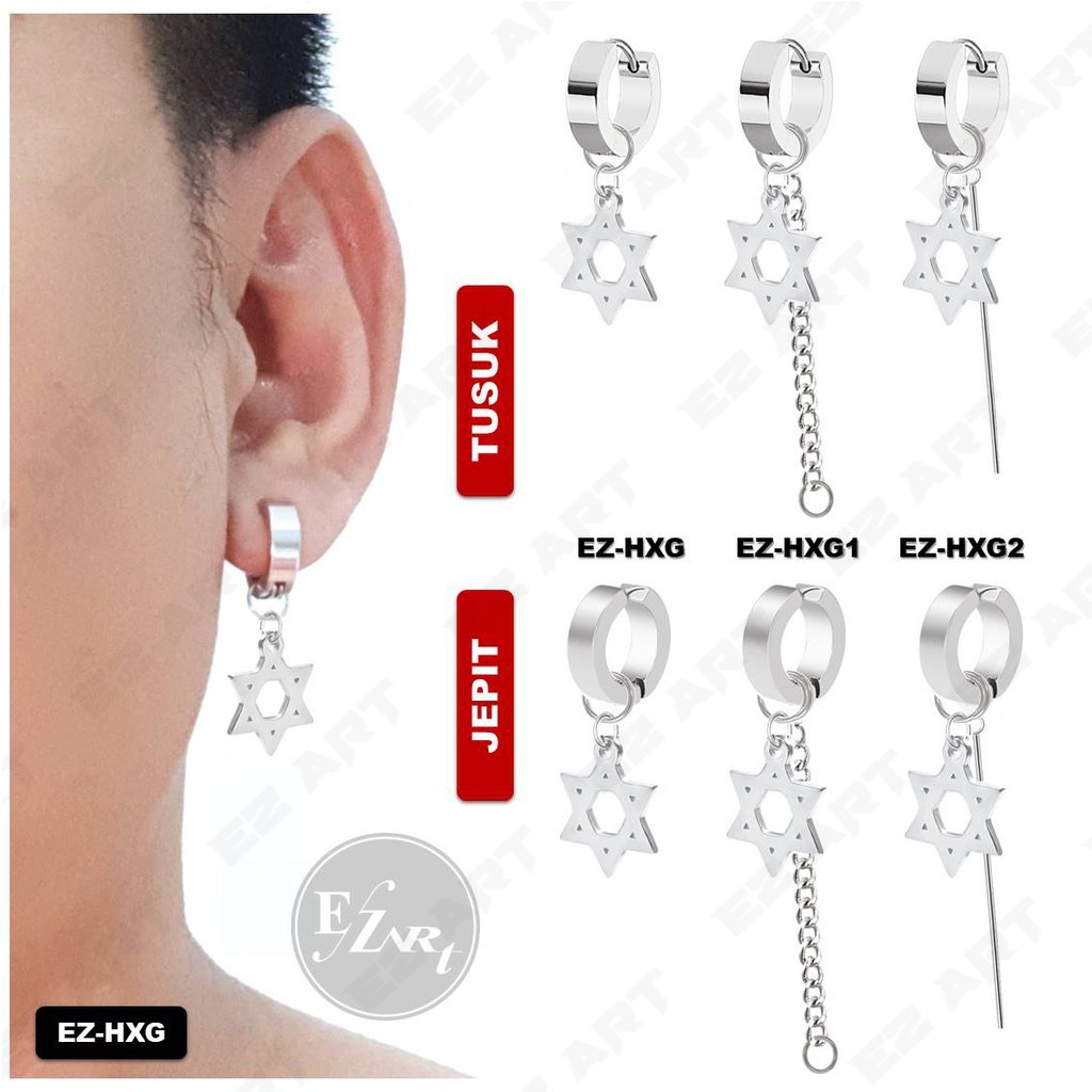 1Pc EZ-HXG ANTING FASHION HEXAGON (HEXAGRAM) JEPIT / TUSUK PRIA / WANITA STAINLESS STEEL TITANIUM