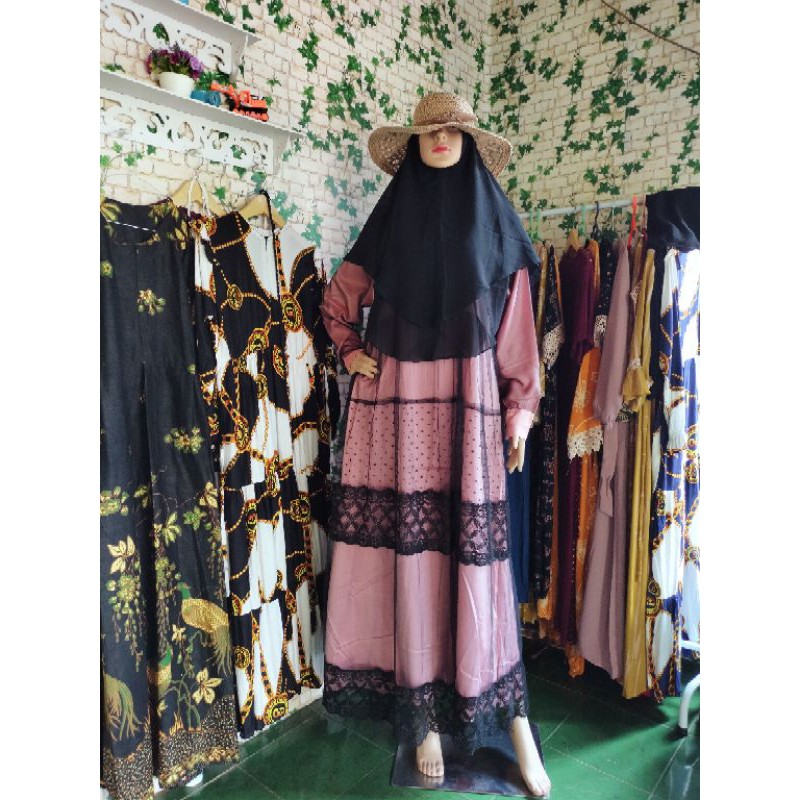 1 SET HIJAB gamis satin premium mix tile real pict gamis bangkok