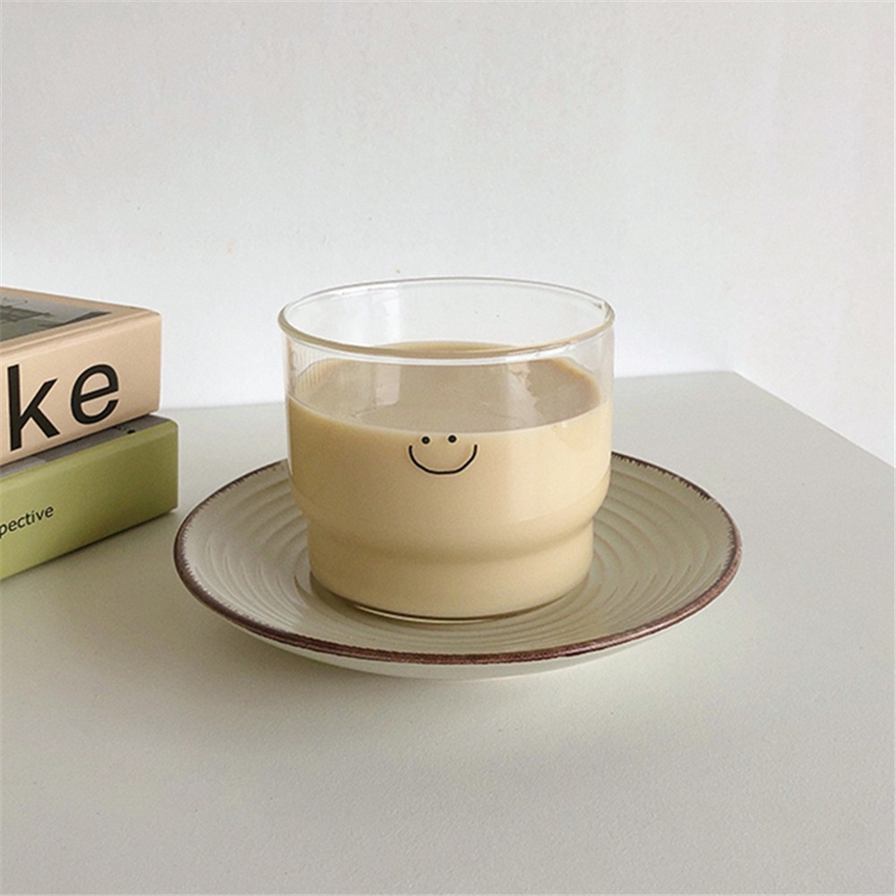 【COD Tangding】300ML Glass Milk Cup Collapsible Clear Cup Breakfast Glass Smiley Face Love Cup