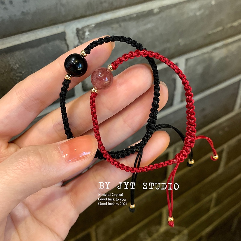 Gelang Manik-Manik Kristal Obsidian Strawberry Untuk Wanita