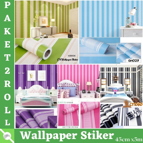 TERMURAH PAKET Wallpaper 2 ROLL Stiker Dinding Motif Dan Karakter Premium Quality MOTIF SALUR HIJAU / SALUR BIRU / SALUR PINK / SALUR UNGU / SALUR HITAM (  BUY 1 GET 1 FREE )