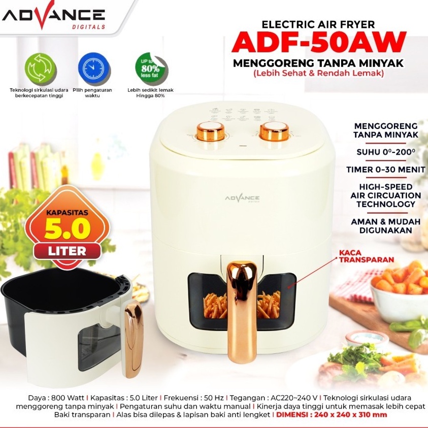Advance Transparan Glass 800 Watt Air Fryer ADF50AW 5Liter