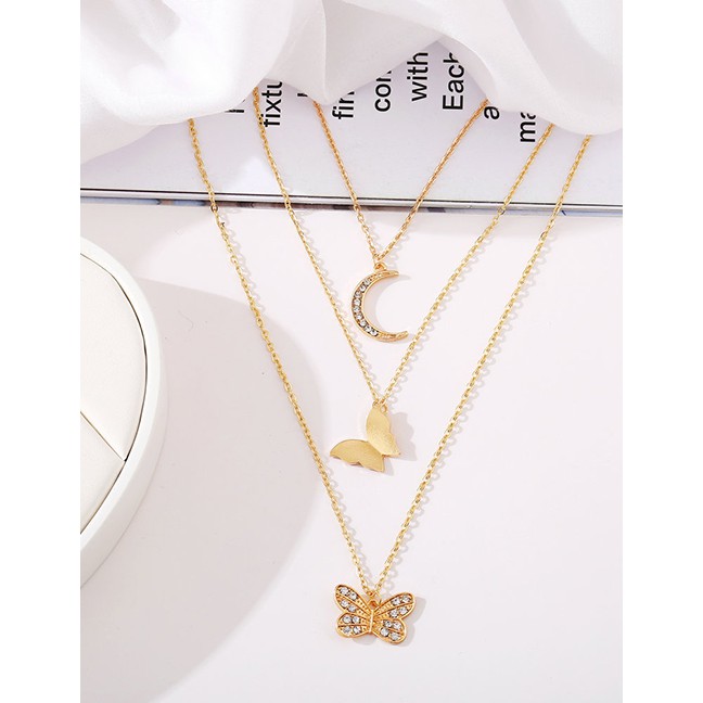 LRC Kalung Fashion Gold Coloren Multi-layered Necklace Butterfly P25098