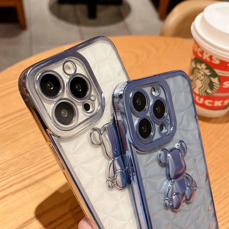 Soft Case Transparan Electroplated Motif Beruang 3D Untuk IPhone 13 12 11 Pro X XS MAX XR 7 8 Plus