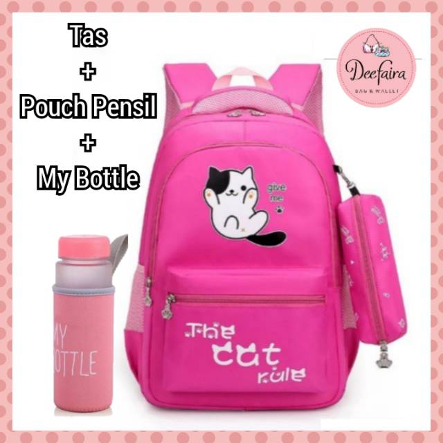 Tas Sekolah Wanita Tas Backpack Cat Set Pouch Pensil dan My Bottle