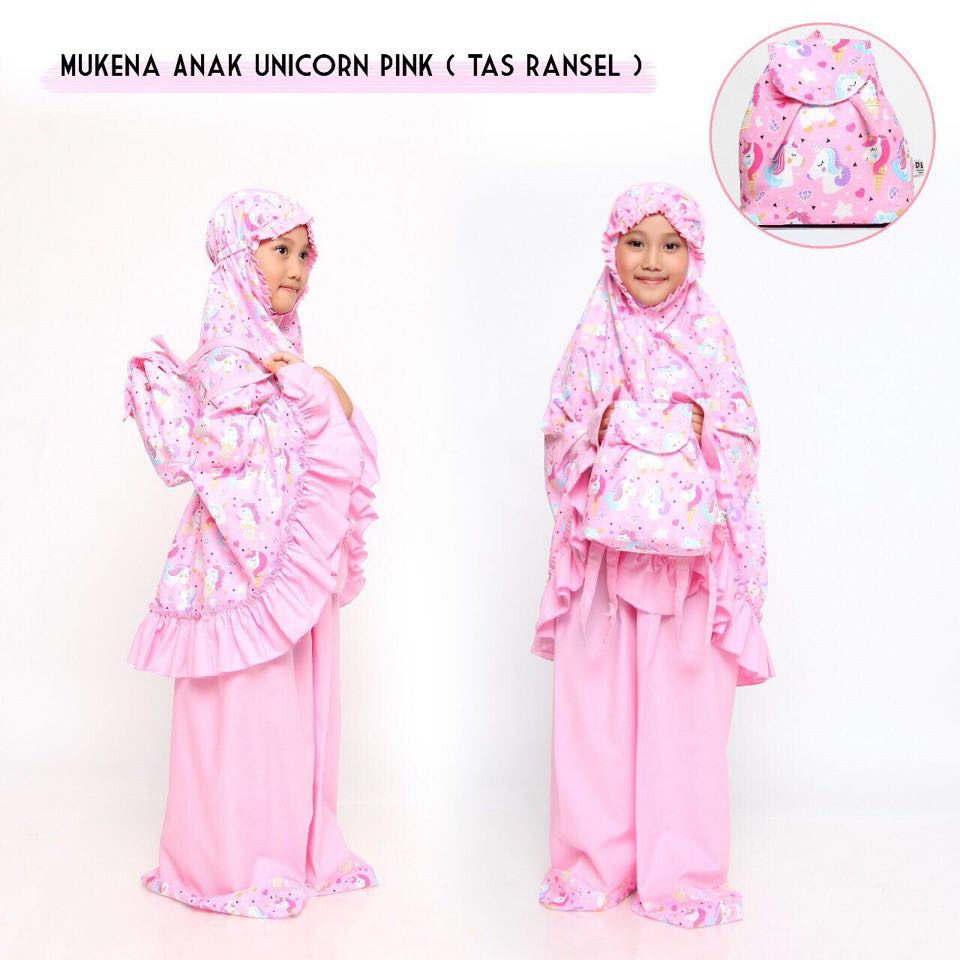 Mukena Anak Katun Unicorn Cup Pink ( Tas Ransel )