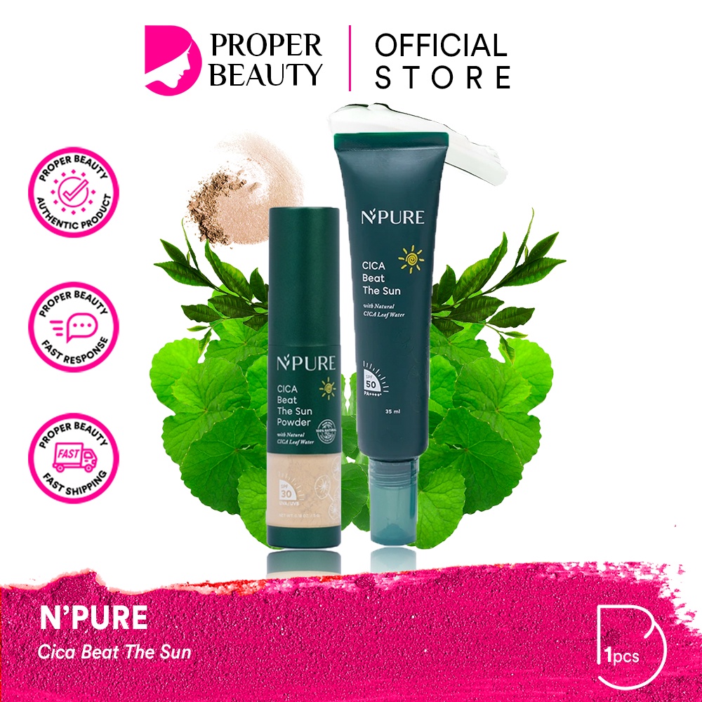 NPURE Cica Beat The Sun Indonesia / SPF 50 PA++++ Sunscreen Powder Facial Wash Cleanser Face Primer Essence Toner Serum Ampoule Day Night Eye Cream Moisturizer Sheet Clay Mask Masker Pad Body Lotion / Marigold Centella Asiatica Noni Probiotics Acne Paket