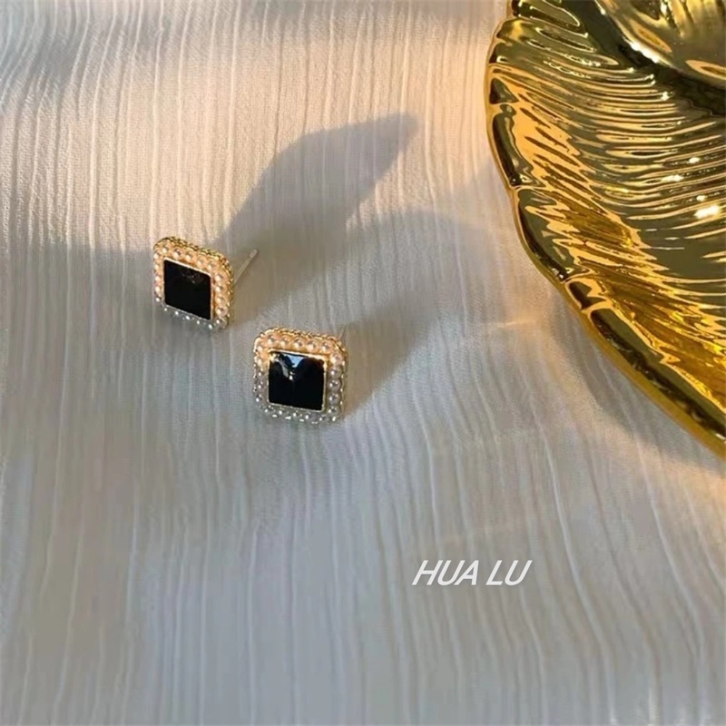 S925 Silver Black Square Pearl Earrings Women Girls Ear Studs Korean Fashion