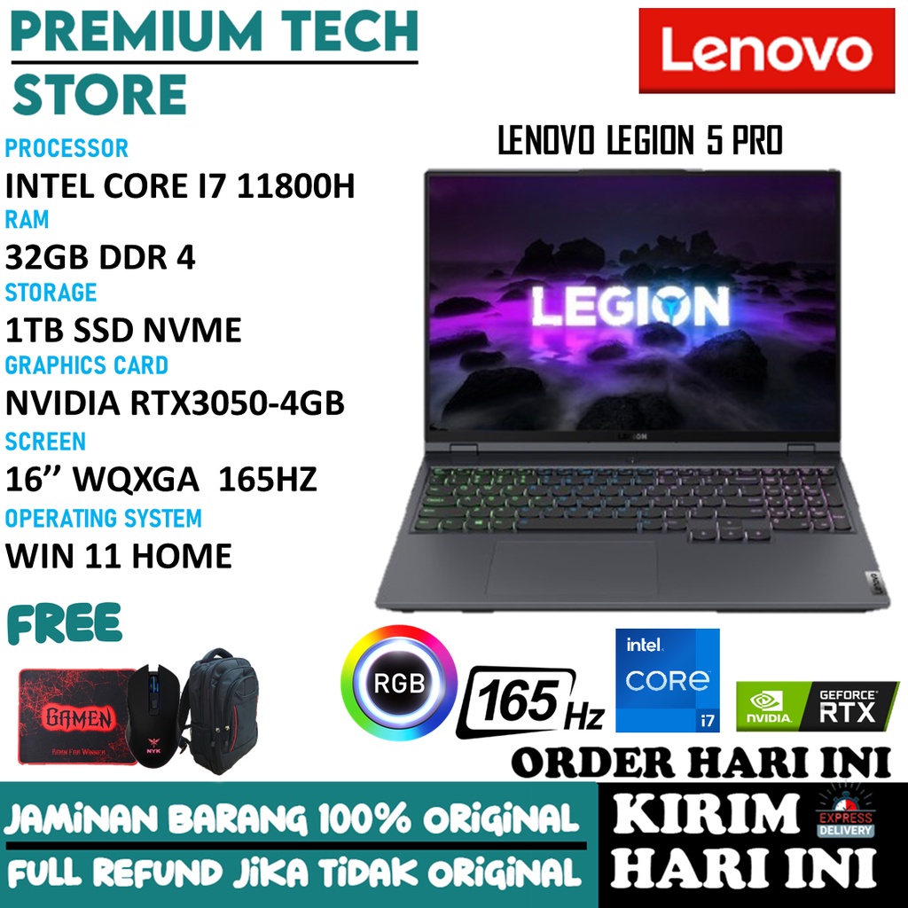 laptop gaming lenovo legion 5 pro 16 core i7 11800h ram 16gb ssd 512gb rtx 3050 16 0 wqxga 165hz str
