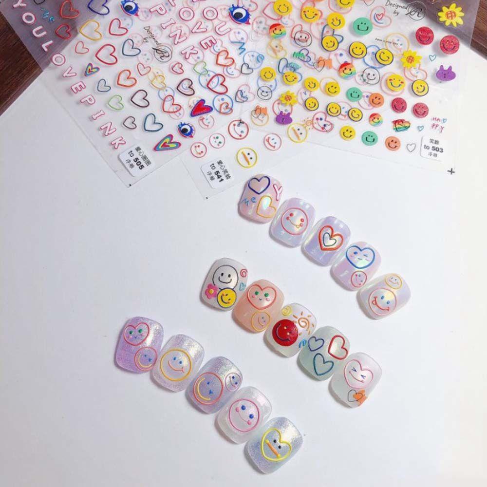 AUGUSTINA Agustin 5D Ukiran Stiker Kuku Warna-Warni Smiley Face Slider Decal Perekat DIY Nail Art Desgin