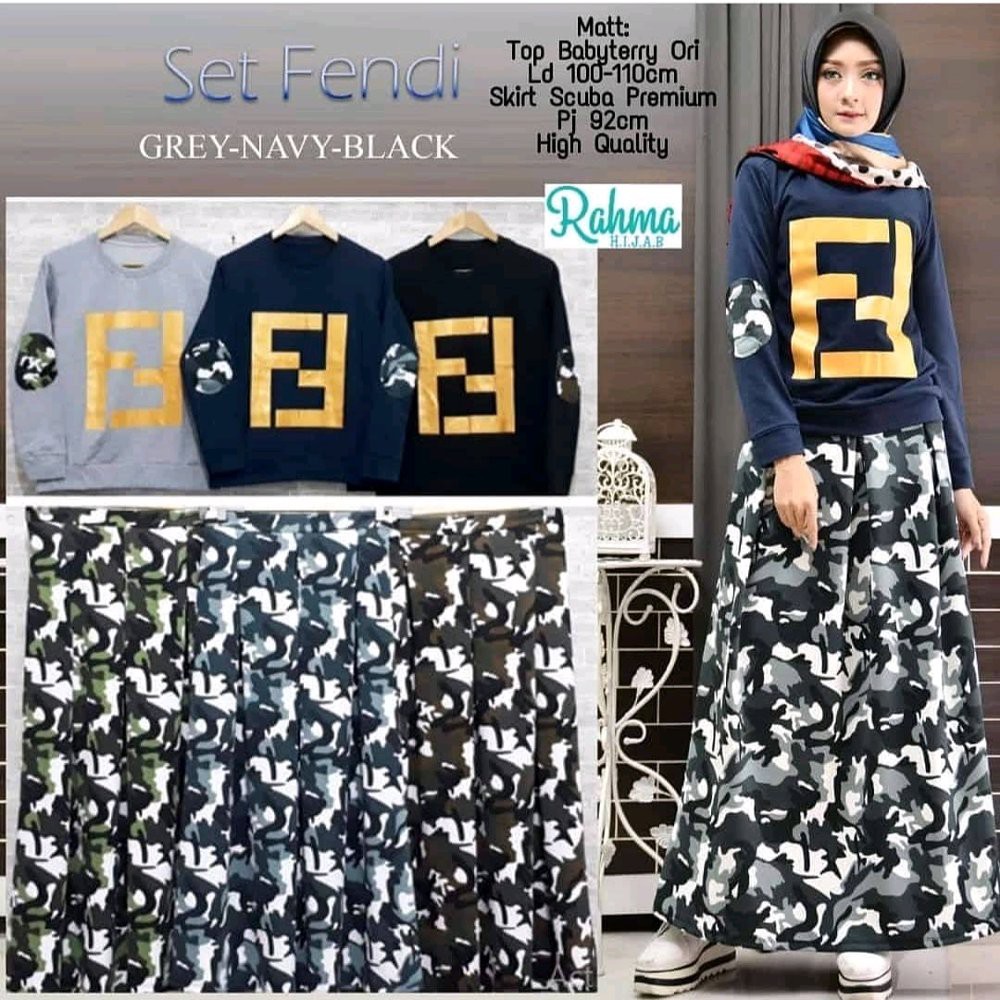 Baju Muslim Wanita Fendi Army Set Rok