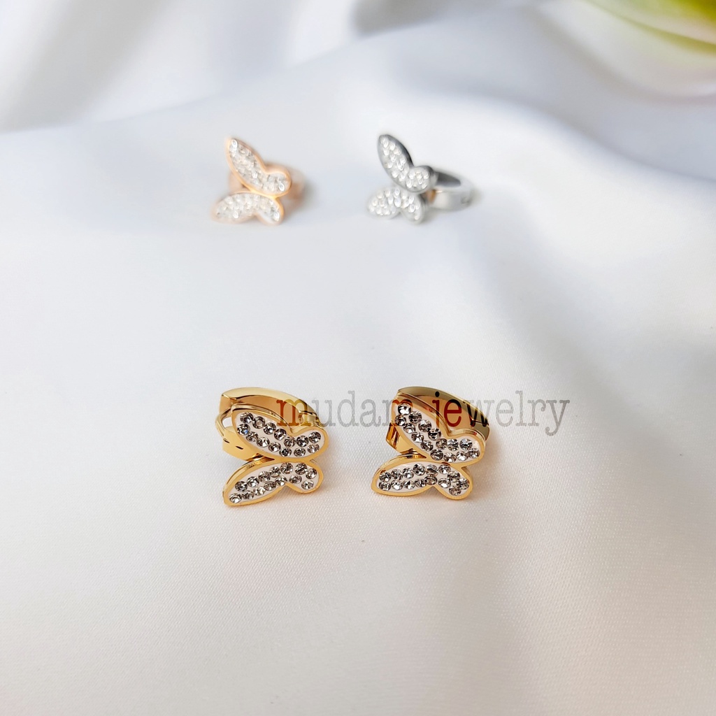 Anting Jepit Titanium Kupu - Kupu Taburan Kristal Artifisial Elegan dan Simple Warna Rose Gold, Gold dan  Silver