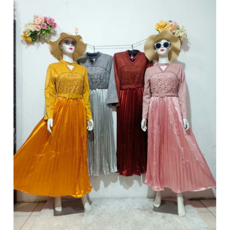 Maxi Suede Bangkok NEW Gaun Maxi Gamis Pesta suede Import Plisket 1938
