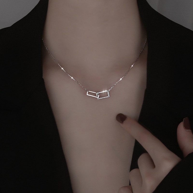 Korean Tide New Diamond-studded Square Clavicle Necklace Super Fairy Fashion Geometric Girlfriend Sweet Heart Jewelry