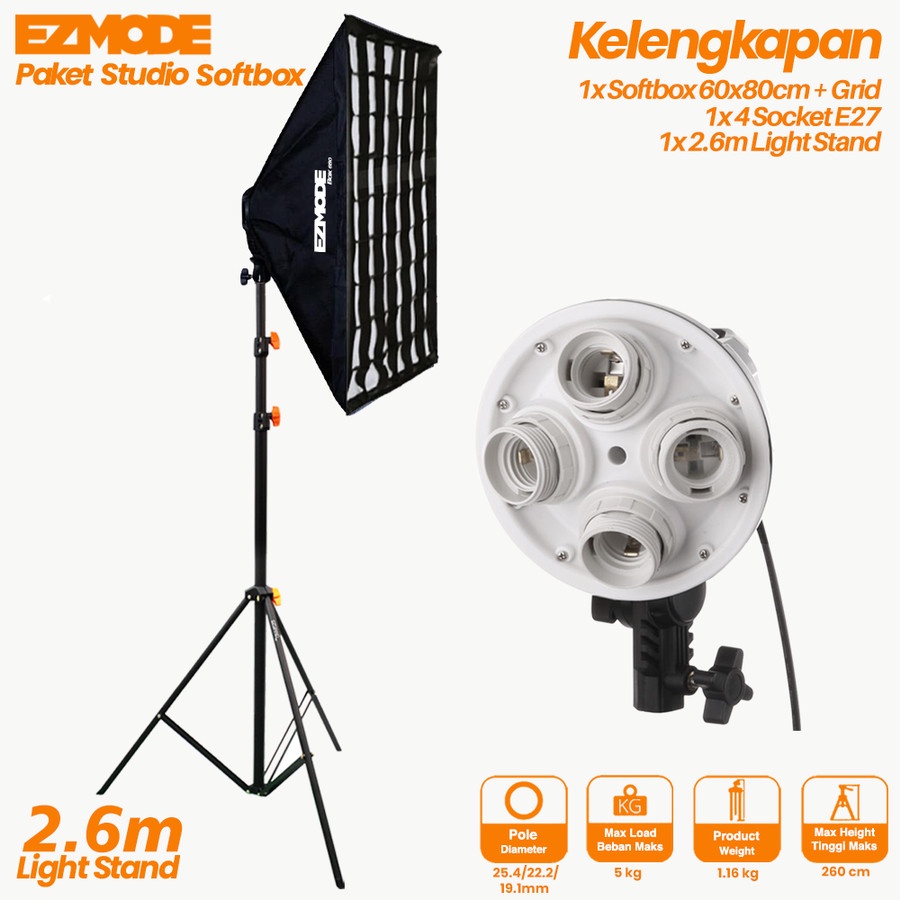 EZMODE Studio Lighting Stand + 4 Socket Softbox 60x80cm with Grid