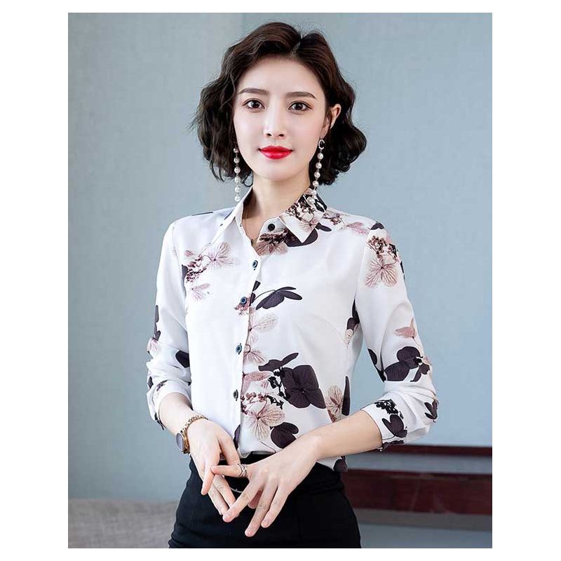 Kemeja atasan putih   wanita motif bunga cantik satin Korea lengan panjang elegant