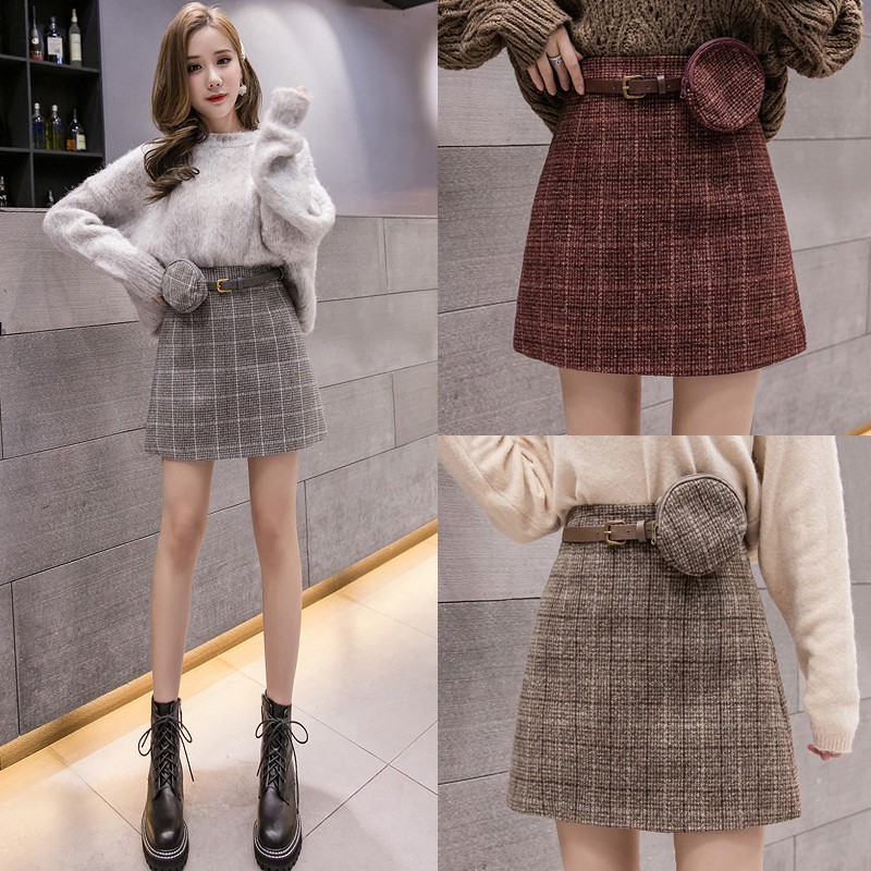 KARAKOREA 9807 Winter Skirt with Mini Pouch and Belt/Korean Mini Skirt/Rok Pendek Wanita/Rok Korea Skirt