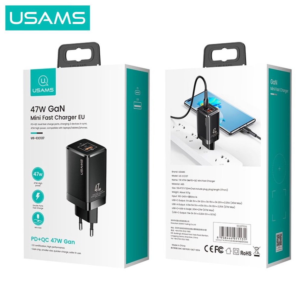 USAMS T41 Adaptor Kepala Charger Mini Fast Charger GaN 47W 5A QC PD AFC SCP VOOC
