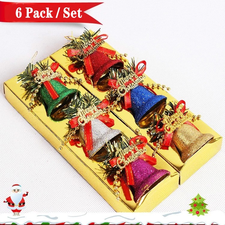 [Christmas Products]  6 Pcs/Box Christmas Creative Colorful Decorations Gold Dust Bows Bells Pendant