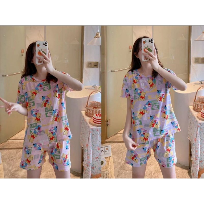 Baju Tidur Piyama Import Motif Kartun Dan Bunga Baju Santai Wanita Murah Lengan Pendek C03D,C16A