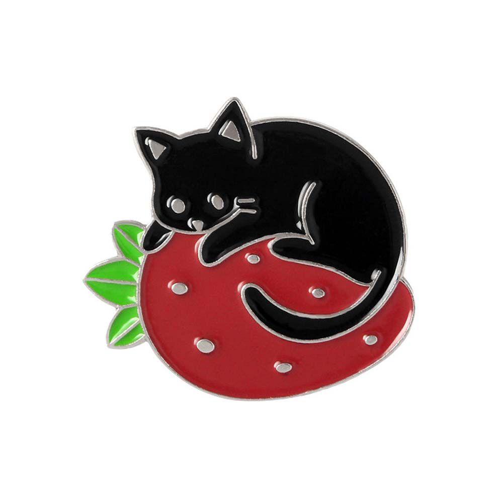 Lanfy Kucing Bros Hadiah Untuk Wanita Pria Kerah Bros Perhiasan Aksesoris Kucing Hitam Strawberry Lencana Pin Enamel Pin